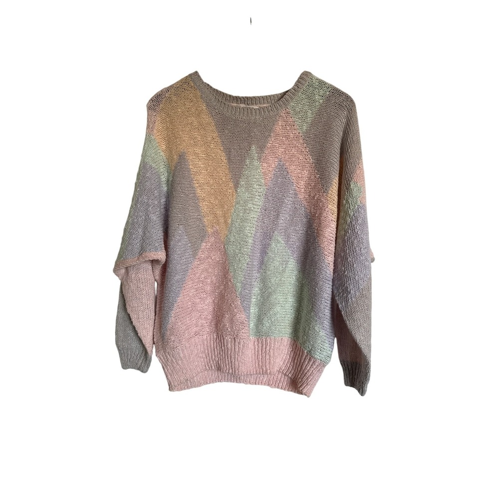 Vintage 80's Renee Tener for Jeanne Pierre Sz L Geometric Pastel Sweater Preppy‎